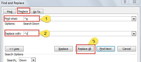 Type "^g" in "Find what" Box -> Type "^c" in "Replace with" Box->Click "Replace All"